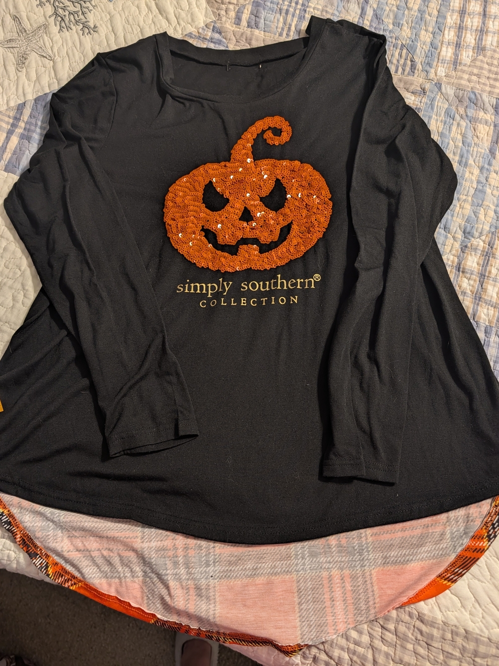 Simply Southern Black Long-Sleeve Womens Top with Orange Pumpkin Sequin